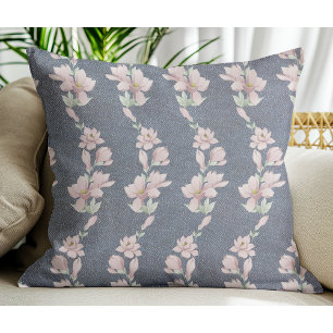 Cute Pink Flowers on Blue Denim Jean Cushion