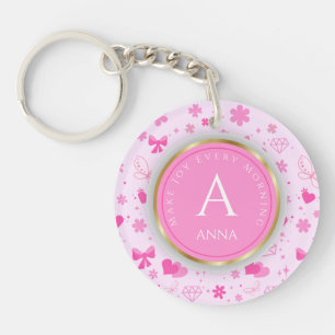 Cute Pink Flowers Pattern, Girly Floral design Key Ring