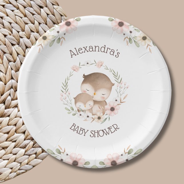 Cute Pink Flowers Woodland Owl Baby Girl Shower Paper Plate (Creator Uploaded)