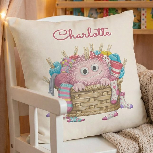 Cute Pink Fluffy Sock Monster Kids Design Cushion (Creator Uploaded)