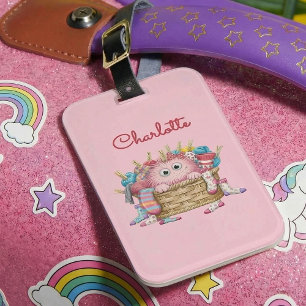 Cute Pink Fluffy Sock Monster Kids Design Luggage Tag