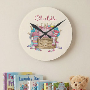 Cute Pink Fluffy Sock Monster Kids Design Round Clock
