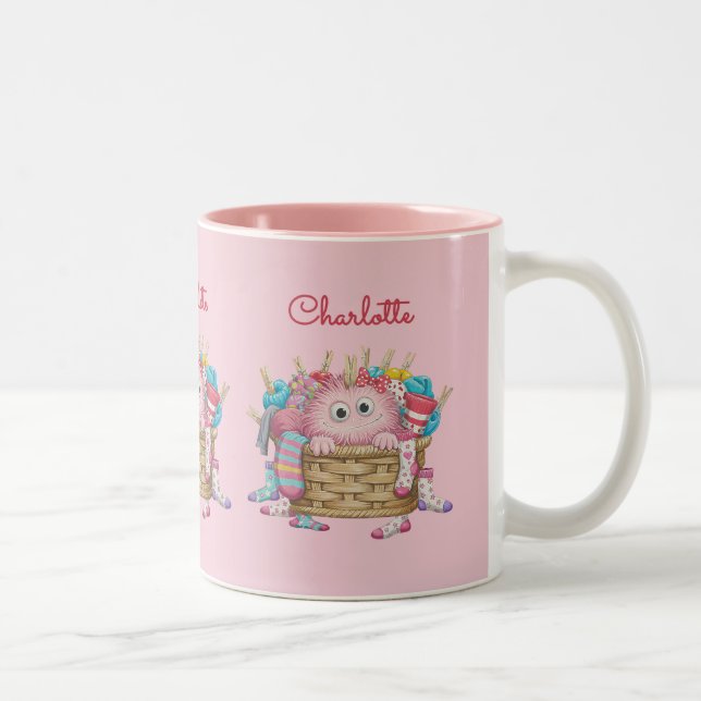 Cute Pink Fluffy Sock Monster Kids Design Two-Tone Coffee Mug (Right)
