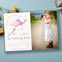 Cute Pink Flying Kite Sky Clouds Photo Birthday