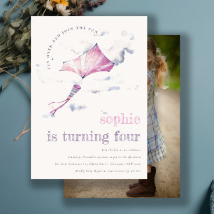 Cute Pink Flying Kite Sky Clouds Photo Birthday Invitation