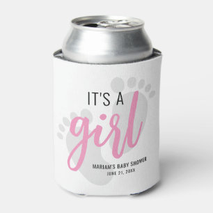 Cute Pink Footprints It’s a Girl Baby Shower Can Cooler