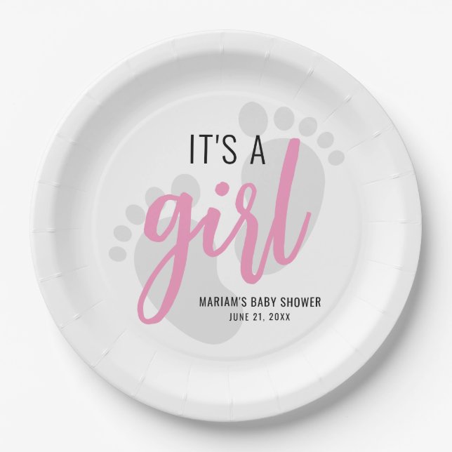 Cute Pink Footprints It’s a Girl Baby Shower Paper Plate (Front)