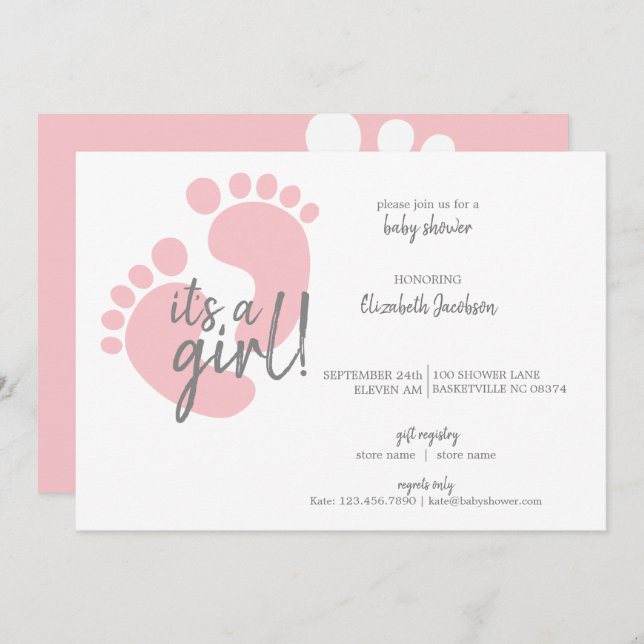 Cute Pink Footprints It's a Girl Baby Shower Invitation (Front/Back)
