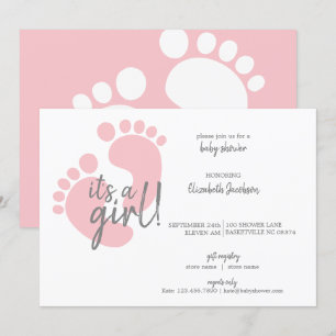 Cute Pink Footprints It's a Girl Baby Shower Invitation