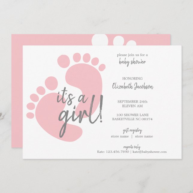 Cute Pink Footprints It's a Girl Baby Shower Invitation (Front/Back)