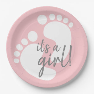 Cute Pink Footprints It's A Girl Baby Shower Paper Plate