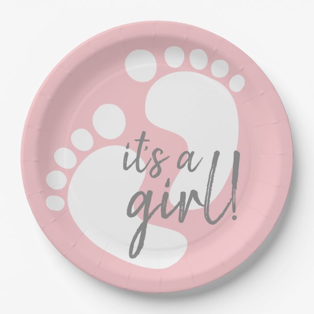 Cute Pink Footprints It's A Girl Baby Shower Paper Plate (Front)