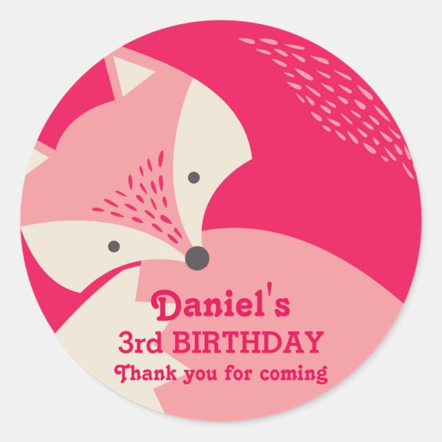 Cute Pink Fox Cartoon Animals Birthday Stickers (Front)