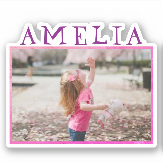 Cute Pink Frame Name and Photo Kids Sticker (Front)