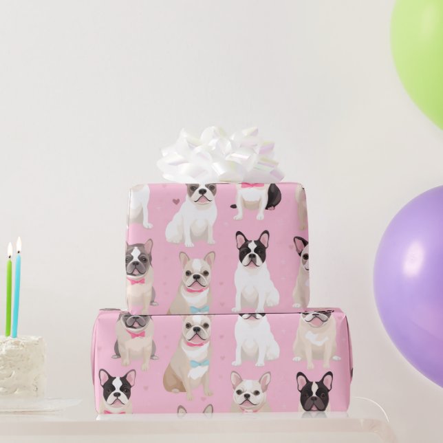 Cute Pink French Bulldog Heart Wrapping Paper (Party Gifts)