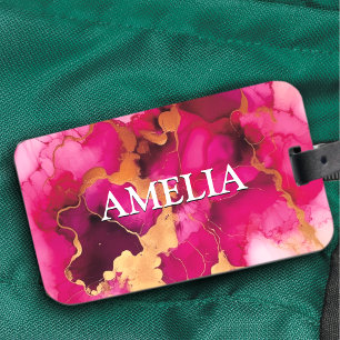 Cute pink fuchsia faux glitter marble art monogram luggage tag