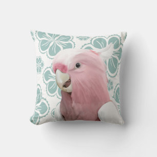 Cute Pink Galah Cockatoo Parrot Blue Flowers Cushion