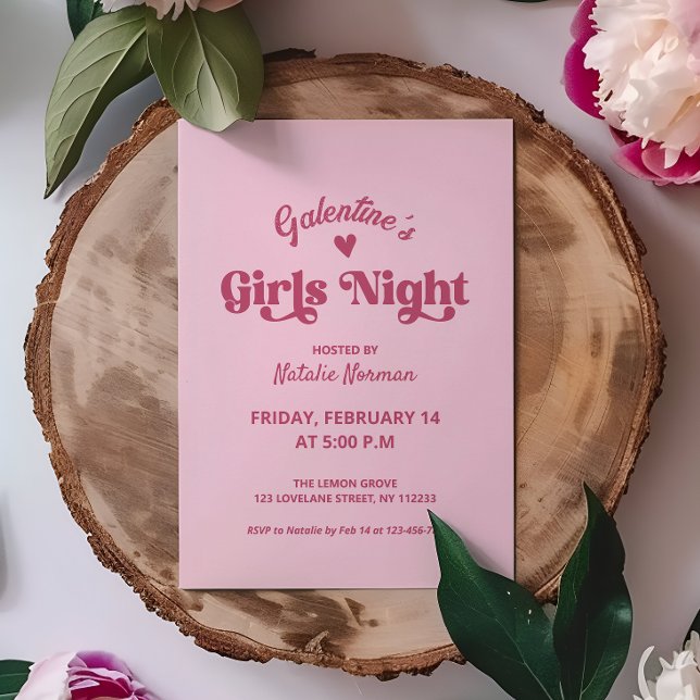 Cute Pink Galentine's Girls Night Party Invitation (galentines girls night cute pink party invitation)