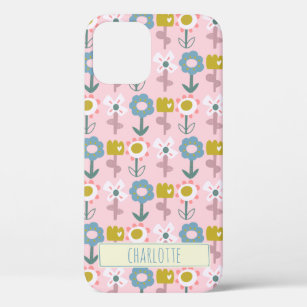 Cute Pink Garden Flowers Personalised Name iPhone 12 Case
