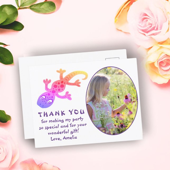 Cute Pink Gecko Lizard Girl Photo Birthday Thank Postcard (Creator Uploaded)