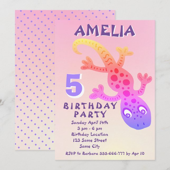 Cute Pink Gecko Lizard Girls Birthday Party Invita Invitation (Front/Back)