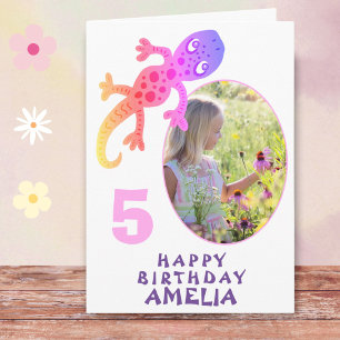 Cute Pink Gecko Lizard Girls Photo Birthday Card