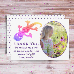 Cute Pink Gecko Lizard Girls Photo Birthday Thank  Thank You Card
