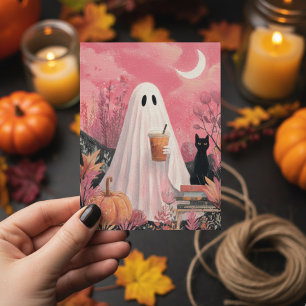 Cute Pink Ghost and Black cat  Postcard