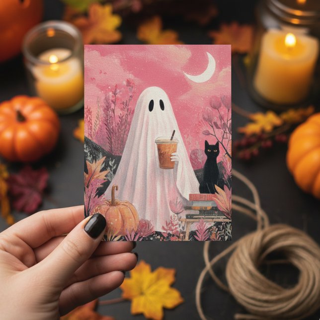 Cute Pink Ghost and Black cat  Postcard (Creator Uploaded)