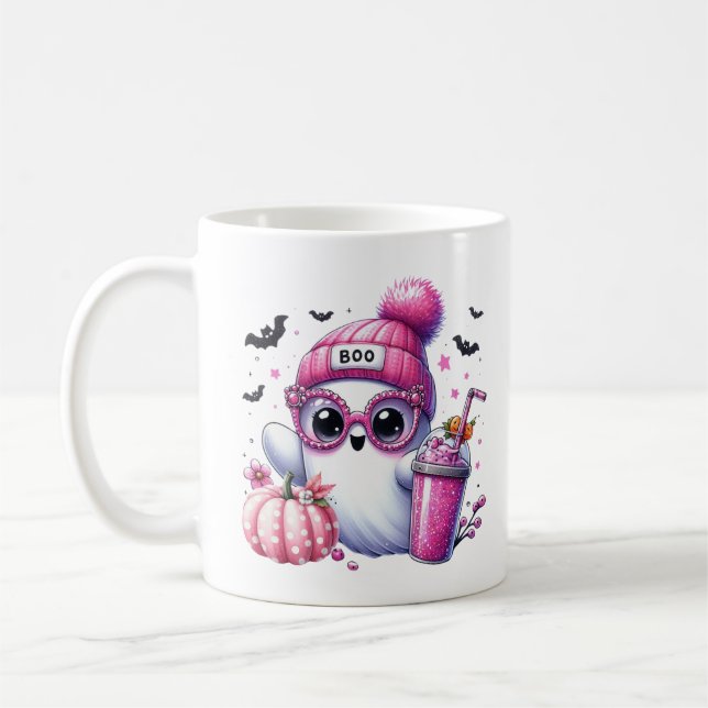 Cute Pink Ghost Custom Name Halloween Coffee Mug (Left)