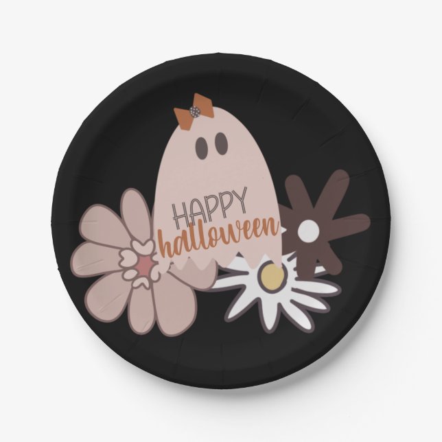 Cute Pink Ghost Floral Halloween Paper Plate (Front)