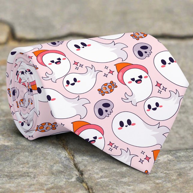 Cute Pink Ghost Funny Halloween Candy And Skull Tie (Creator Uploaded)
