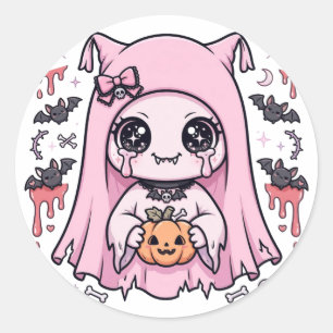 Cute Pink Ghost Girl Kawaii Halloween Pumpkin Past Classic Round Sticker
