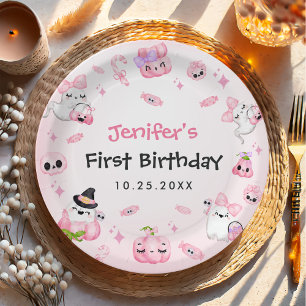 Cute Pink Ghost Halloween 1st Birthday Paper Plate