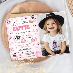 Cute Pink Ghost Halloween 2nd Birthday Photo Invitation