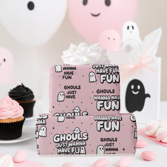 Cute Pink Ghost Halloween Birthday Pink Wrapping Paper (Creator Uploaded)