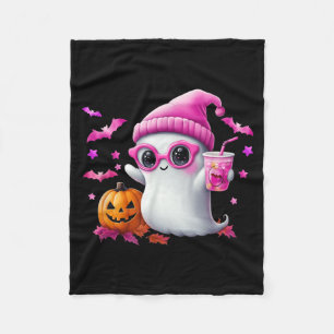 Cute Pink Ghost Halloween - Funny Retro Ghost with Fleece Blanket