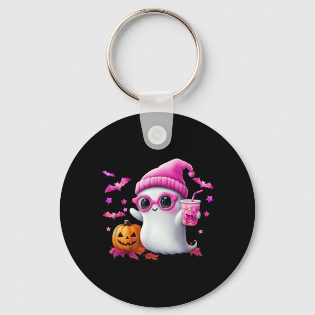 Cute Pink Ghost Halloween - Funny Retro Ghost with Key Ring (Front)