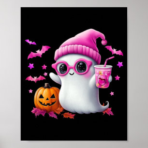 Cute Pink Ghost Halloween - Funny Retro Ghost with Poster