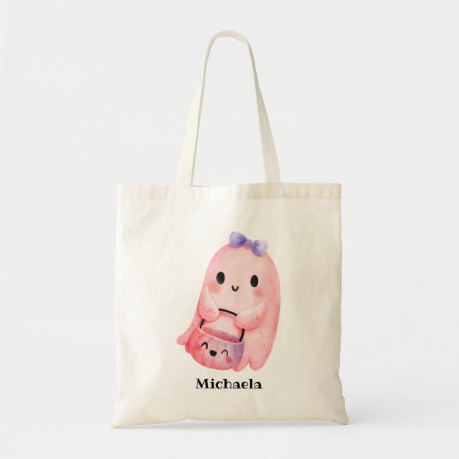 Cute Pink Ghost Halloween Kids Trick Or Treat Tote Bag (Front)