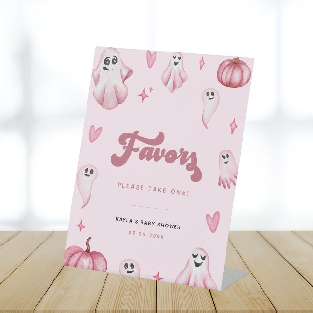 Cute Pink Ghost Little Boo Baby Shower Favours Sig Pedestal Sign (Creator Uploaded)