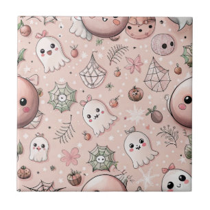 Cute Pink Ghost & Pastel Halloween Seamless Ceramic Tile