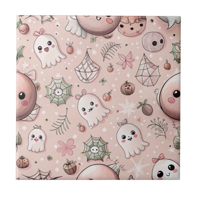 Cute Pink Ghost & Pastel Halloween Seamless Ceramic Tile (Front)