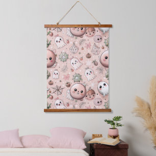 Cute Pink Ghost & Pastel Halloween Seamless Hanging Tapestry