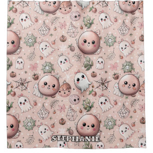 Cute Pink Ghost & Pastel Halloween Seamless Shower Curtain