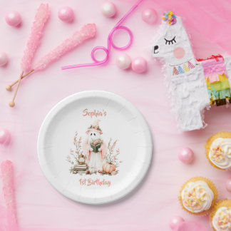 Cute Pink Ghost with Roses and Pumpkin  Halloween Paper Plate