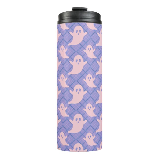Cute Pink Ghosts on Purple Plaid Thermal Tumbler (Front)