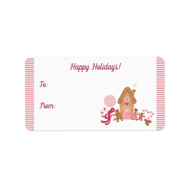 Cute Pink Gingerbread Candy Cane Gift Tag Stickers (Front)