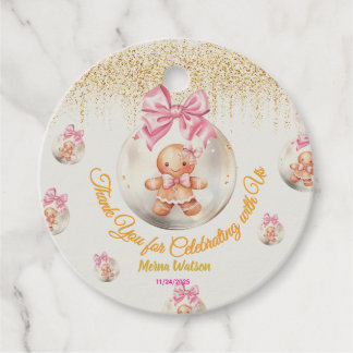 Cute Pink Gingerbread Girl Bauble Christmas Baby Favour Tags