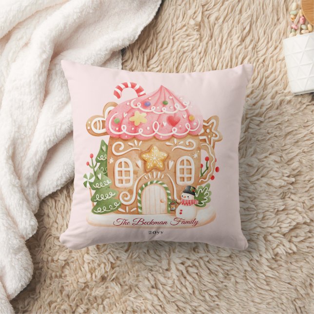 Cute Pink Gingerbread House Family Name Cushion (Blanket)